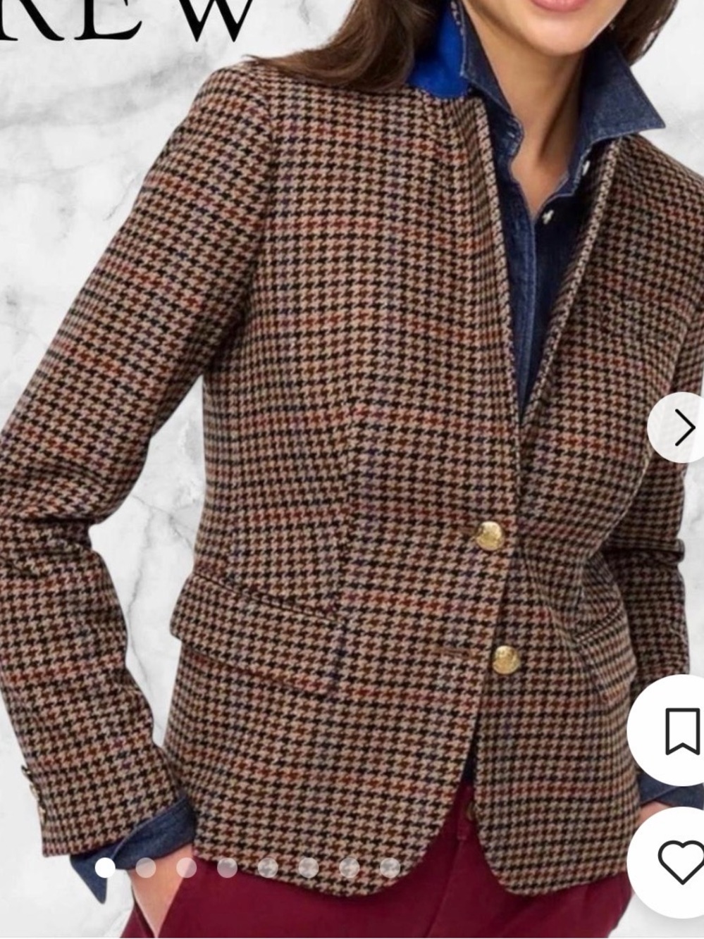 J. Crew Brown Multi Houndstooth Blazer with Gold Buttons